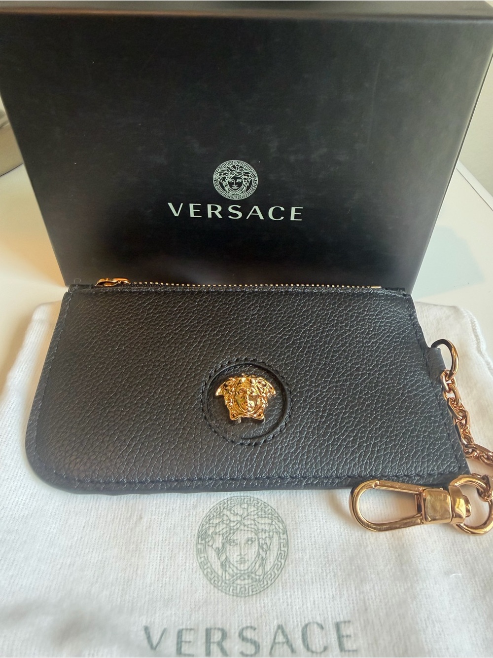 NWT Versace Black Pebbled Leather Medusa Coin Pouch/Card Holder.